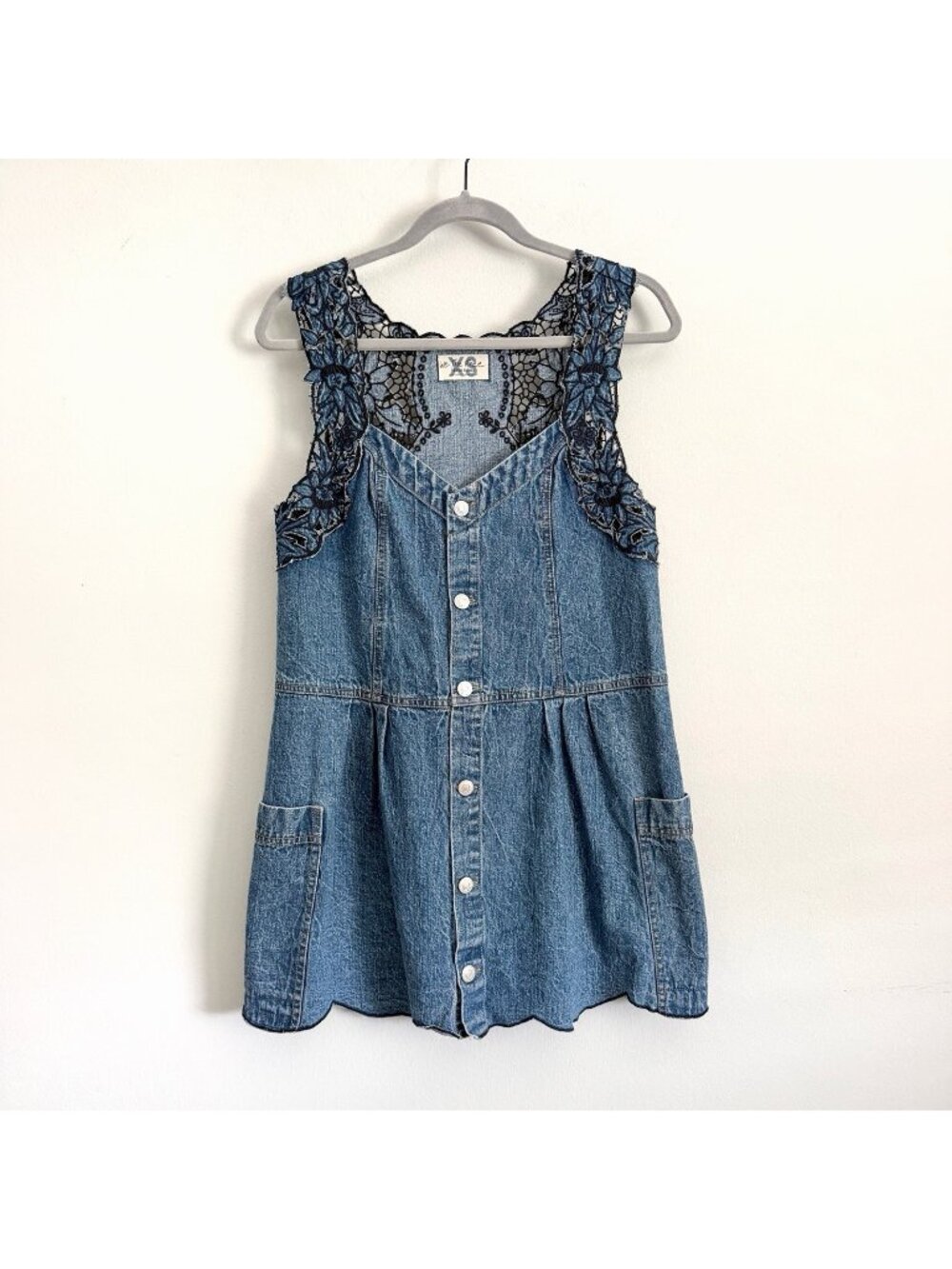 We The Free People Crown Jewel Blue Denim Jean Mini Dress Floral Lace Women’s XS